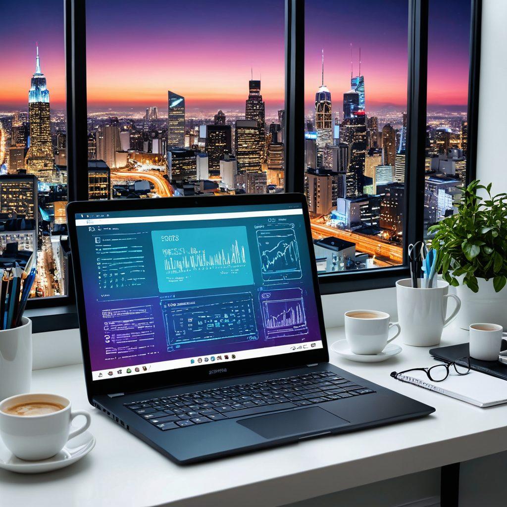 A modern workspace with a sleek laptop displaying intricate code, surrounded by web development tools like coffee cups, notepads, and trendy gadgets. Futuristic cityscape visible through the window, representing the trends of 2023. Vibrant colors and high detail to emphasize creativity and innovation. Super-realistic. Vibrant colors. White background.