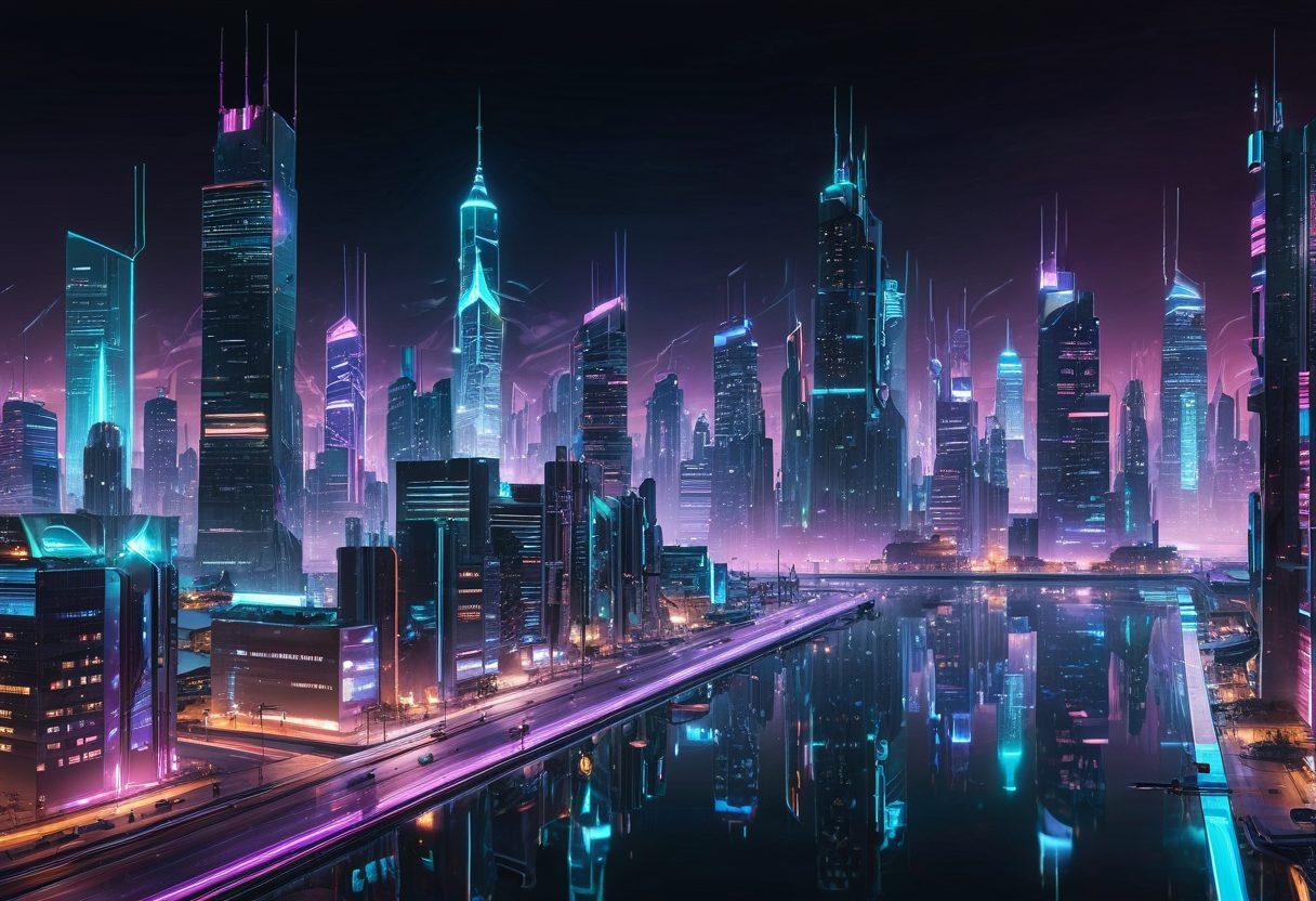 A futuristic cityscape with skyscrapers made of glowing code and digital circuits, representing the fusion of architecture and technology. A diverse group of web developers working on holographic displays and augmented reality interfaces. Soft neon lights reflecting progress and innovation. cyberpunk. vibrant colors. 3D.