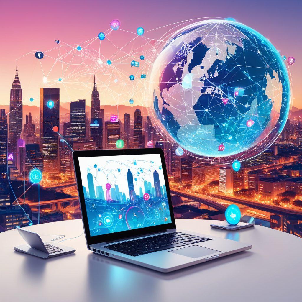 A dynamic digital landscape with diverse avatars interacting with various social media platforms and SEO graphs; a laptop screen displaying analytics and growth charts; vibrant, interconnected web icons floating around. The background should depict a modern, bustling cityscape digitally overlaid with network lines connecting to the globe. vector art. vibrant colors. white background.